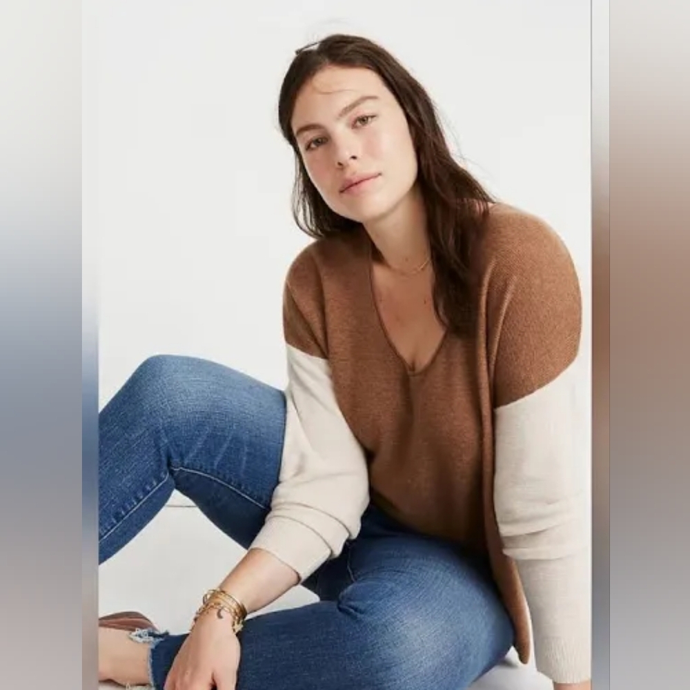Madewell Kimball Colorblock Merino Wool Alpaca Sweater Brown Beige Large Neutral